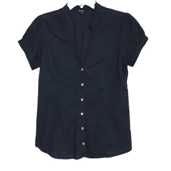 GUESS | Women’s Black Striped Snap Blouse Top Shirt Short Sleeve - Picture 1 of 9